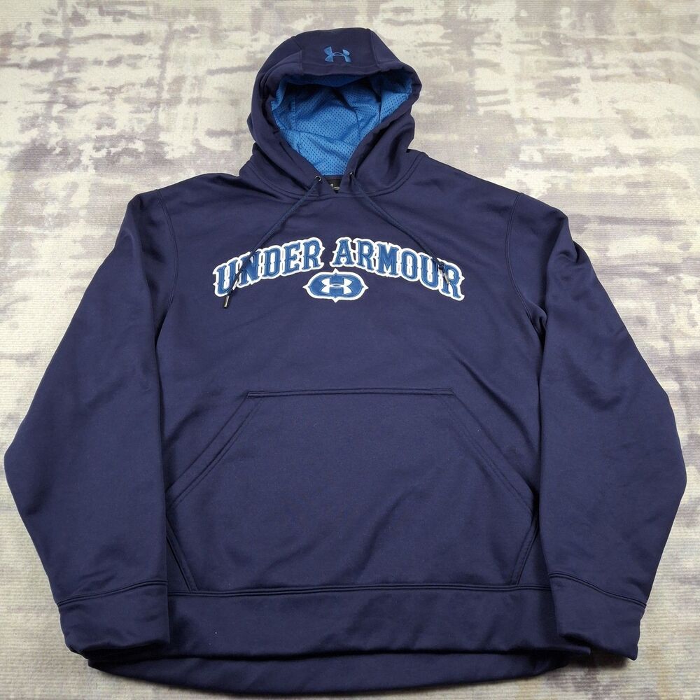 Vintage Y2K Under Armour Hoodie Navy Blue HB Crest Shield Stitched Spellout Mens